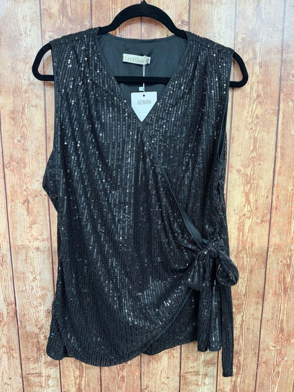 Genhoo Womens 2XL Black Sequin Wrap Top Sleeveless Tie Waist Party NWT